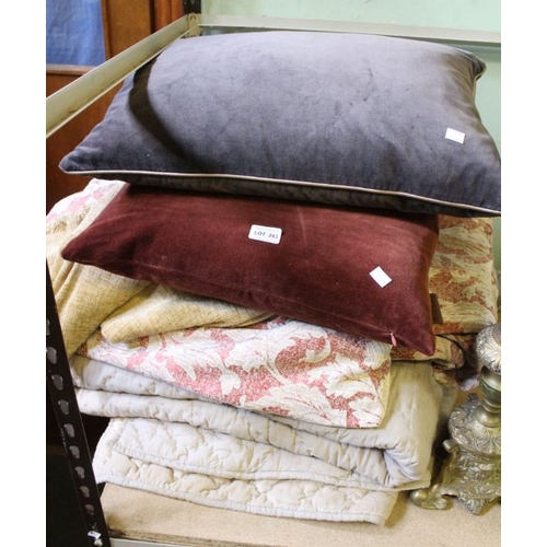 243 - A selection of soft furnishings to include, curtains, very large bed throw, cushions, etc