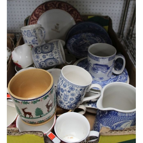 26 - Three boxes of ceramics to include blue & white, teapots, mugs, carnival glass, etc