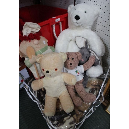 9 - A collection of soft toys, to include a white bear, together with a tiger print throw / rug