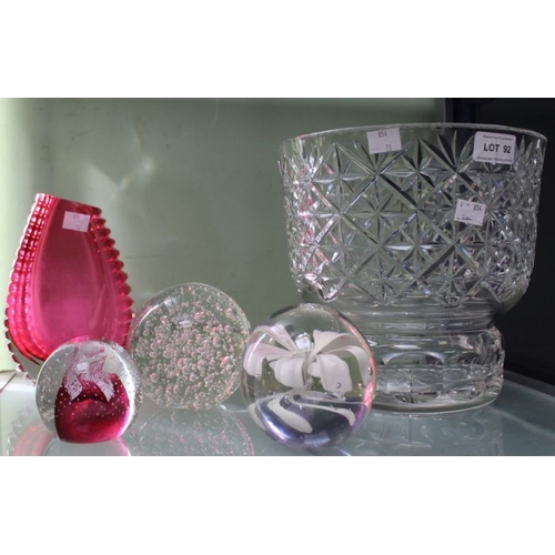 92 - Lead crystal glass vase, a cranberry vase and three paperweights.