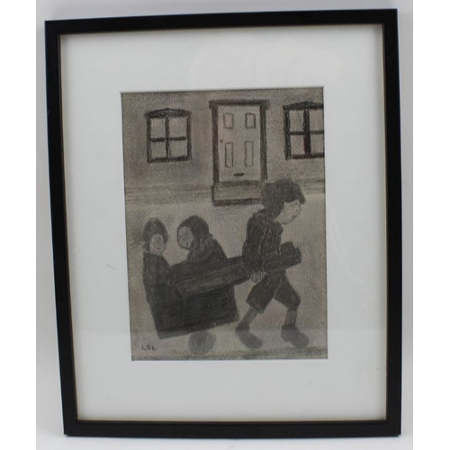 102 - In the style of Lowry, Children playing with their homemade cart, pencil drawing, 19cm x 14cm, frame... 