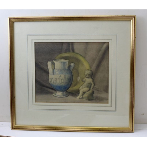 104 - Leslie Webb still life, Jar and Statue, watercolour painting, 22cm x 26cm, framed