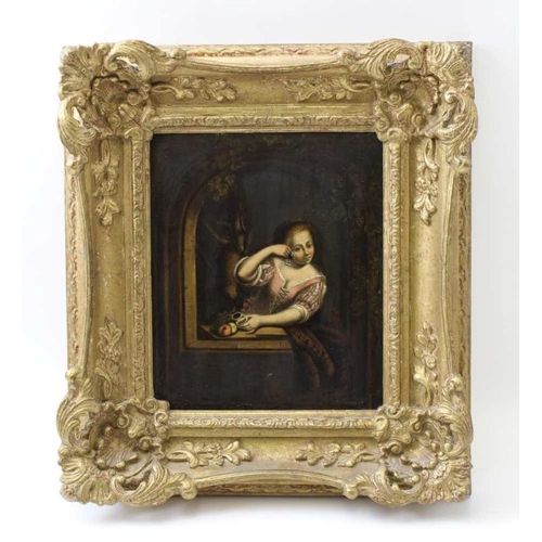 106 - 19th century European School, Girl in an Archway, oil painting on board, 20cm x 17cm, framed.