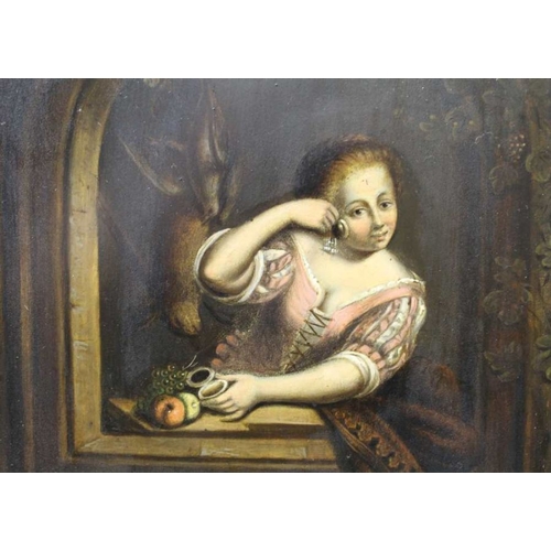 106 - 19th century European School, Girl in an Archway, oil painting on board, 20cm x 17cm, framed.