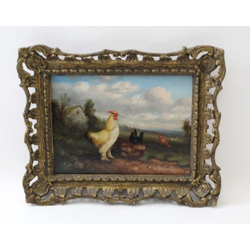 107 - A. Jackson, cockerel and hens in a landscape, oil painting on board, 17cm x 23cm, gilt framed