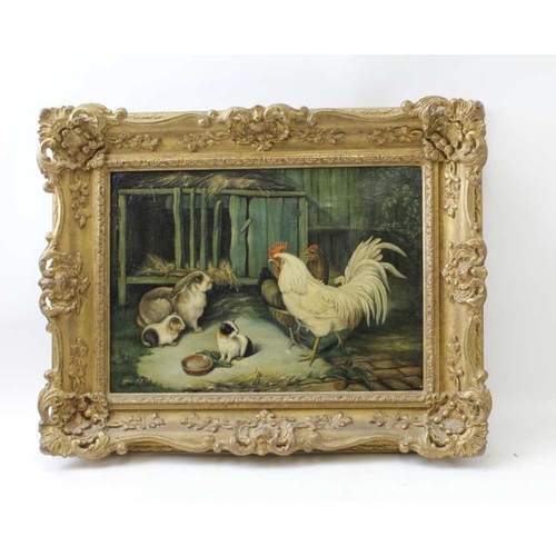 111 - An oil painting, cockerel, rabbit and Guinea pig, inscribed E Hunt, 24cm x 34cm, framed