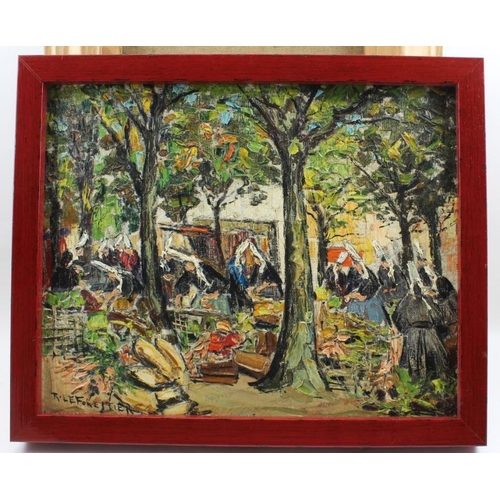 115 - Rene le Forestier an impressionist study of a French market, impasto oil on canvas.31.5 x 39 cm, sig... 