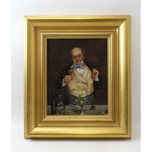 117 - An oil painting, Mr Pickwick style character, enjoying the finer things in life, 29cm x 22cm