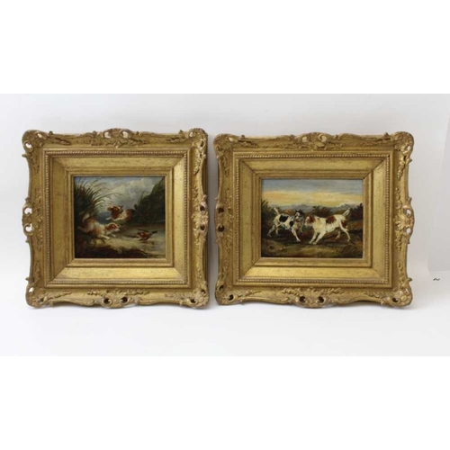 122 - In the manner of George Armfield, a pair of small oil paintings, sporting dogs in the field,  11cm x... 