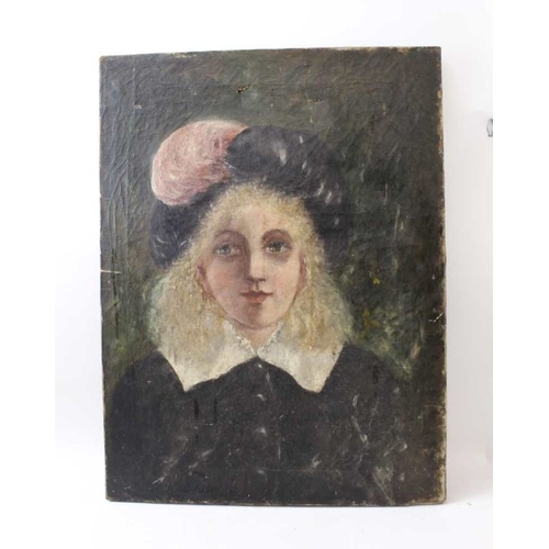 124 - Late 19th century European school, Portrait, wearing pink plumed hat, unframed oil painting on canva... 