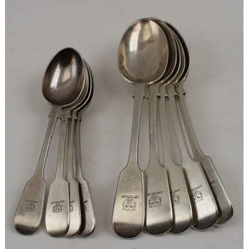 13 - Francis Higgins lll, five silver fiddle pattern dessert spoons, London 1882 together with four silve... 