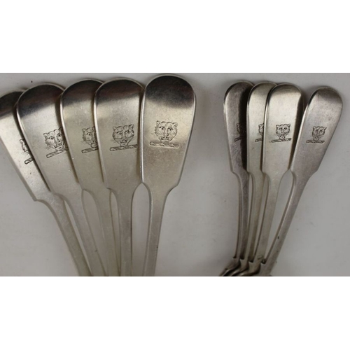 13 - Francis Higgins lll, five silver fiddle pattern dessert spoons, London 1882 together with four silve... 