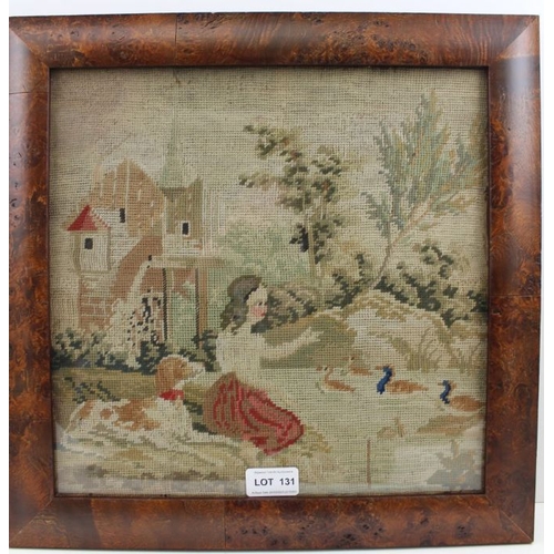 131 - A late 19th century woolwork picture, depicts a girl and her dog, feeding ducks, 30cm square, in a w... 