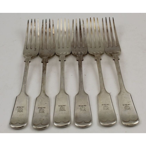 14 - William Hutton and sons Ltd, a set of six silver fiddle pattern dinner forks, Lion head over pole cr... 