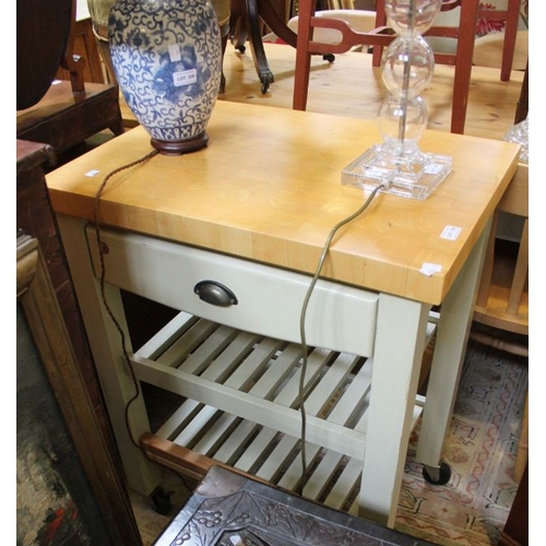 198 - A modern butchers block, single drawer, two slatted shelves.