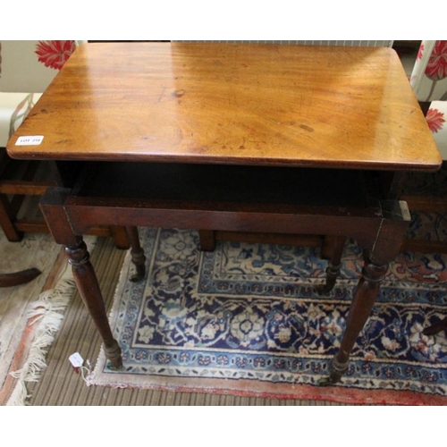 218 - A Victorian mahogany work table with lift lid action, on four turned legs with cap castors. 65cm x 6... 