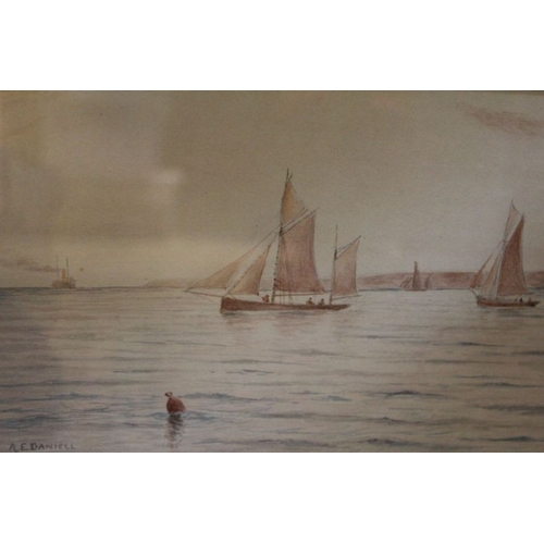 222 - A E Daniel a pair of shipping watercolours, 17cm x 24.5cm, glazed and framed