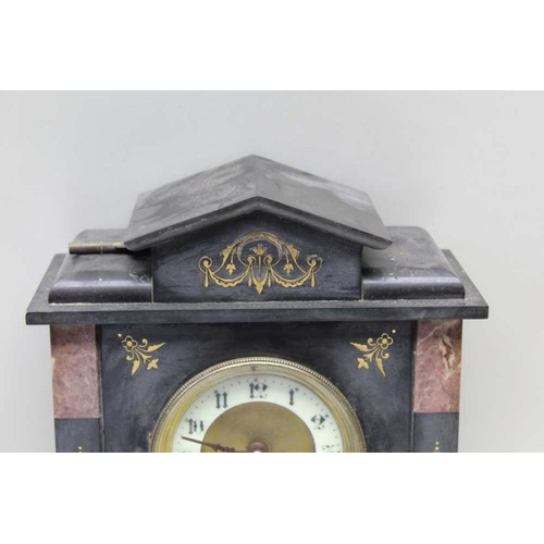 270 - A late 19th century black slate & marble clock, with hand painted gilt highlights, 36cm high