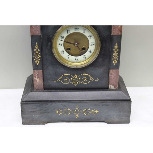 270 - A late 19th century black slate & marble clock, with hand painted gilt highlights, 36cm high