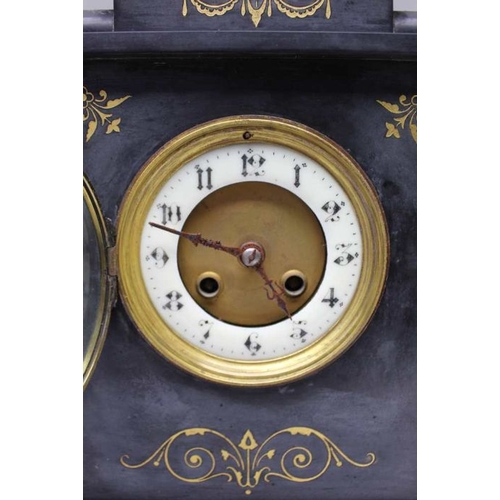 270 - A late 19th century black slate & marble clock, with hand painted gilt highlights, 36cm high