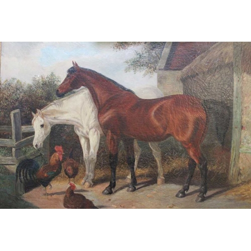 294 - In the manner of J F Herring Jnr, 19th century oil painting a pair of horses and fowl in a yard, 70c... 