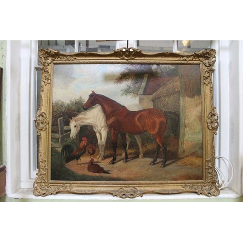 294 - In the manner of J F Herring Jnr, 19th century oil painting a pair of horses and fowl in a yard, 70c... 