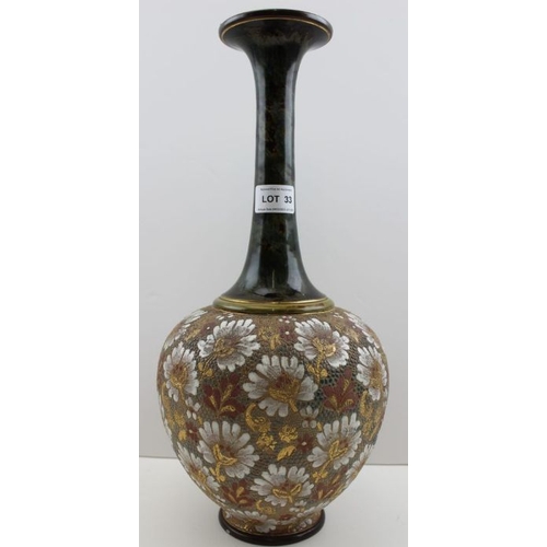 33 - A Doulton & Slaters stoneware vase, impressed floral body, with tapering green mottled neck, impress... 