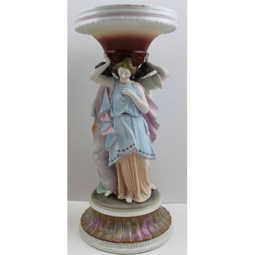 35 - A pair of Continental ceramic centrepieces, classical figure stems, painted in polychrome, c.1900, 3... 