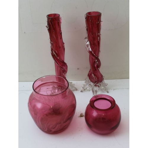 46 - Two pairs of cranberry glass vases, and two cranberry bowls