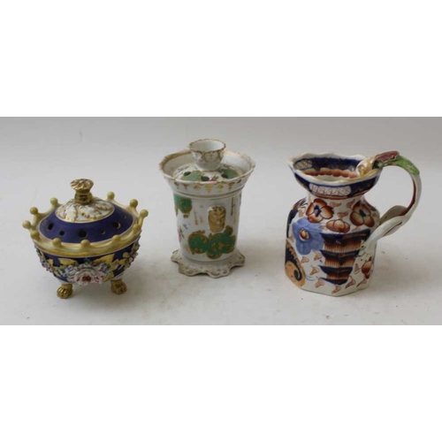 52 - An ironstone jug, and two 19th century ceramic potpourri