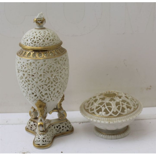 54 - A Royal Worcester potpourri, and a Grainger reticulated vase with cover