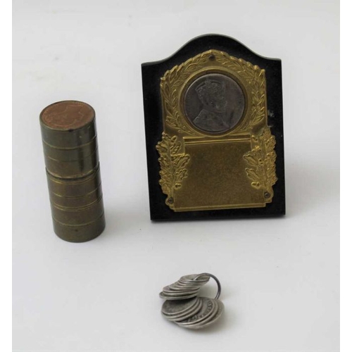 74 - A brass cannister, coin set, containing coins, and an Edward VIII plaque