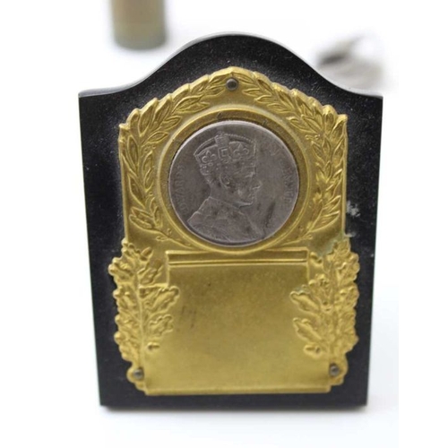 74 - A brass cannister, coin set, containing coins, and an Edward VIII plaque