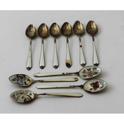 8 - Adie Brothers Ltd, a set of six silver and enamel coffee spoons, London 1962, together with four oth... 