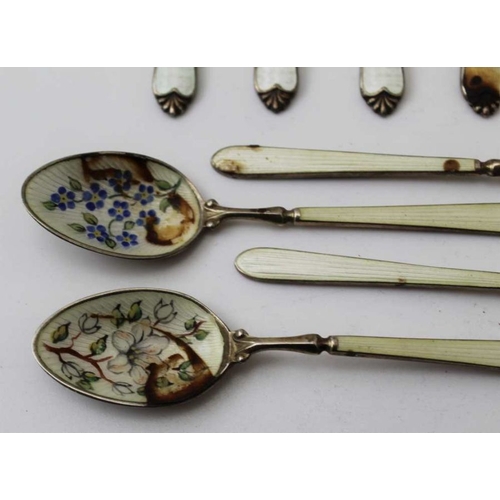 8 - Adie Brothers Ltd, a set of six silver and enamel coffee spoons, London 1962, together with four oth... 