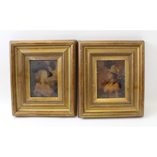 82 - A pair of gilt framed crystoleums, depicts Georgian ladies of fashion, 13cm x 10cm