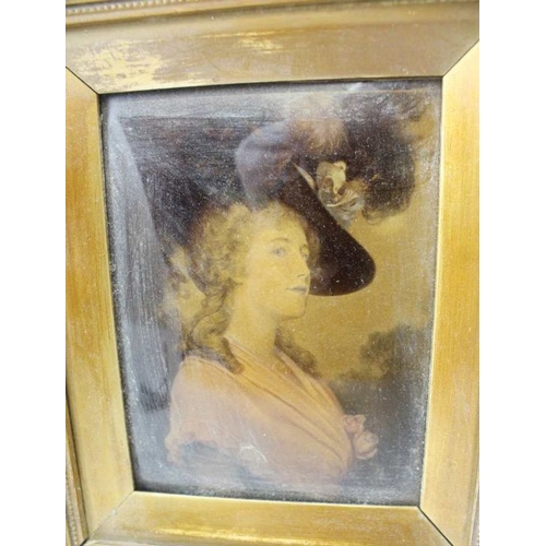 82 - A pair of gilt framed crystoleums, depicts Georgian ladies of fashion, 13cm x 10cm