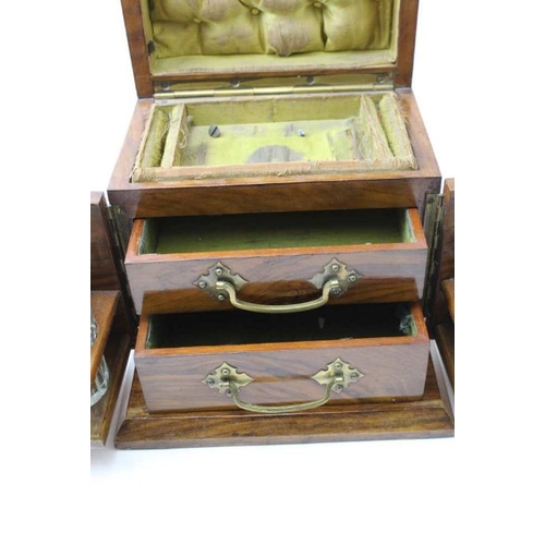 85 - A Victorian dressing table box, opens to reveal drawers and bottles within, 18cm wide