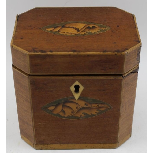 86 - A George lll mahogany single tea caddy, inlaid shell pattera, rectagular canted form 11.5 cm high