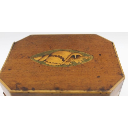 86 - A George lll mahogany single tea caddy, inlaid shell pattera, rectagular canted form 11.5 cm high