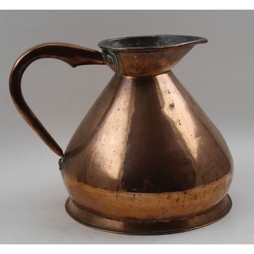 95 - A 19th century copper Half Gallon jug together with a pair of 19th brass candlesticks 14cm high