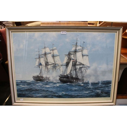 115 - A framed print of a galleon under fire.