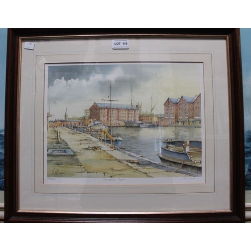 116 - A limited edition print of Gloucester docks. K.W Burton.