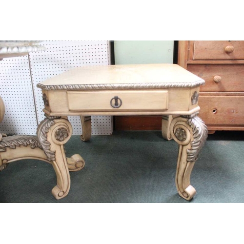 16 - A pair of Continental design large sized lamp tables, fitted single drawer on four fancy shaped legs