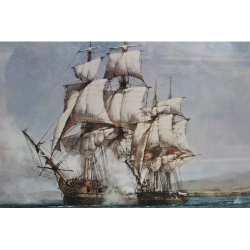 72 - A gilt framed picture of a galleon under fire.