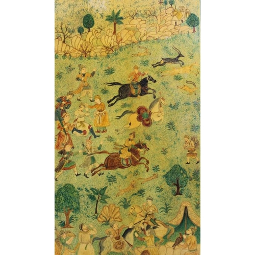 101 - An Indian Mughal design painting of a hunt, gilded highlights, having a penwork script border, 44cm ... 