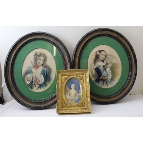 108 - Three hand coloured engravings, two oval framed