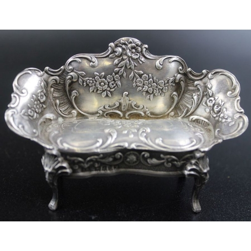 11 - A miniature silver settee, London 1899, together with a pair of 19th century Dutch silver miniature ... 