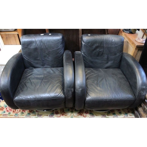 165 - A pair of easy chairs, Art Deco design, black leather upholstered, on chrome bases