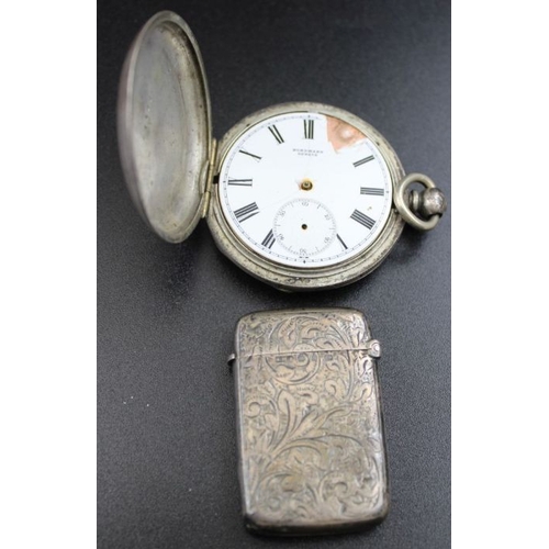 18 - A quantity of silver items, includes sporting fobs, spoons, vesta case, coins, silver mounted cigar ... 